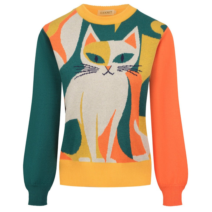 Women's Retro Cat Knit Sweater – Bold Colors