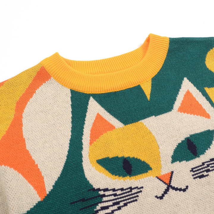 Women's Retro Cat Knit Sweater – Bold Colors