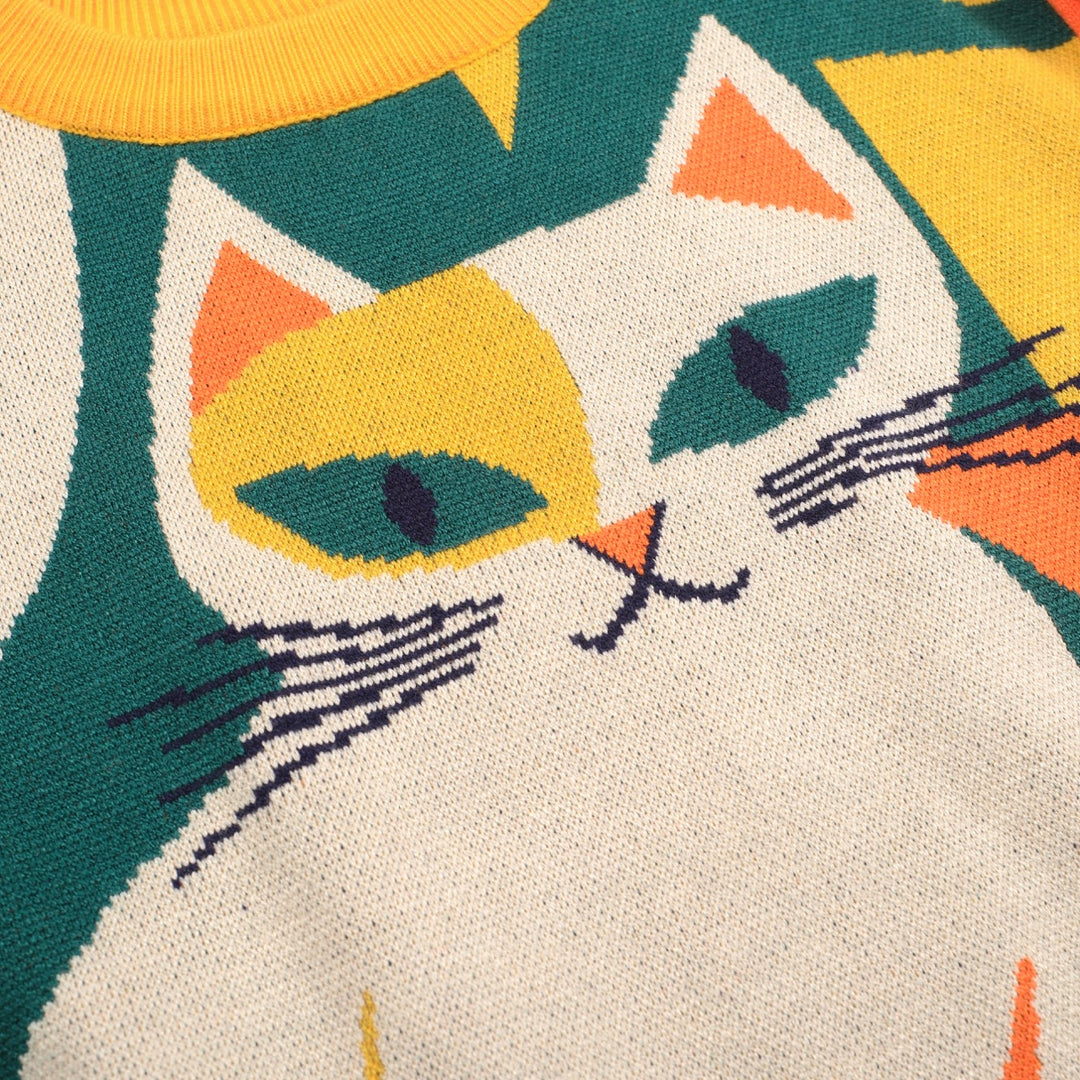 Women's Retro Cat Knit Sweater – Bold Colors