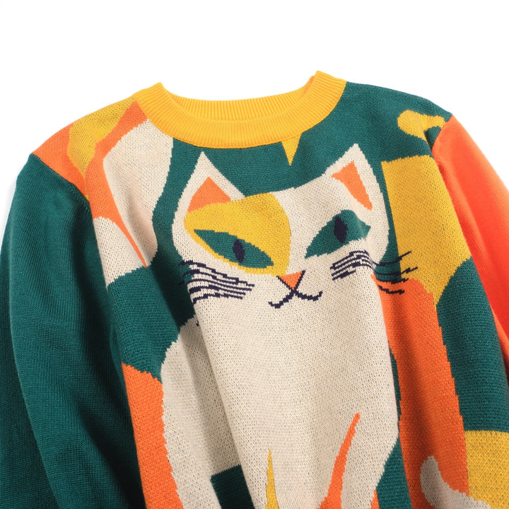 Women's Retro Cat Knit Sweater – Bold Colors