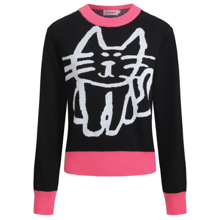 Women’s Black and Pink Sweater with White Cat Outline – MOD Pop Knit Pullover-Cropped Length
