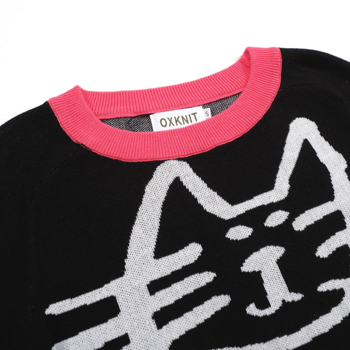 Women’s Black and Pink Sweater with White Cat Outline – MOD Pop Knit Pullover-Cropped Length