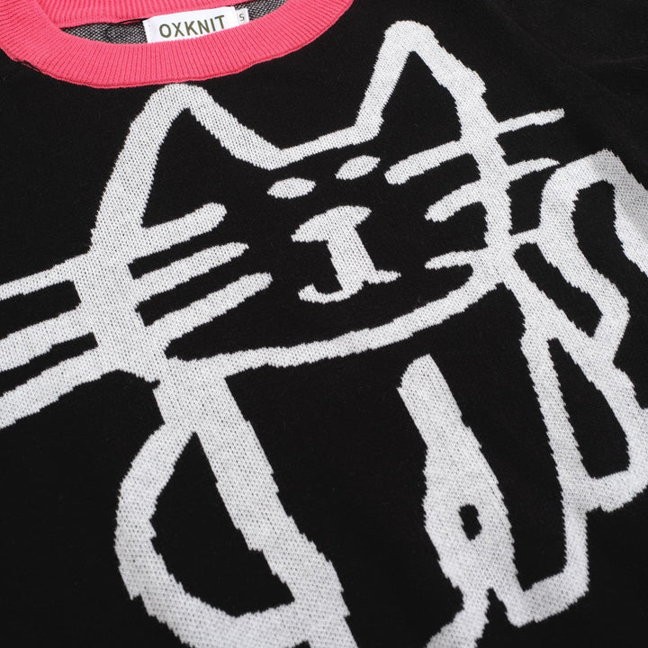 Women’s Black and Pink Sweater with White Cat Outline – MOD Pop Knit Pullover-Cropped Length