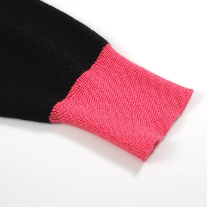 Women’s Black and Pink Sweater with White Cat Outline – MOD Pop Knit Pullover-Cropped Length
