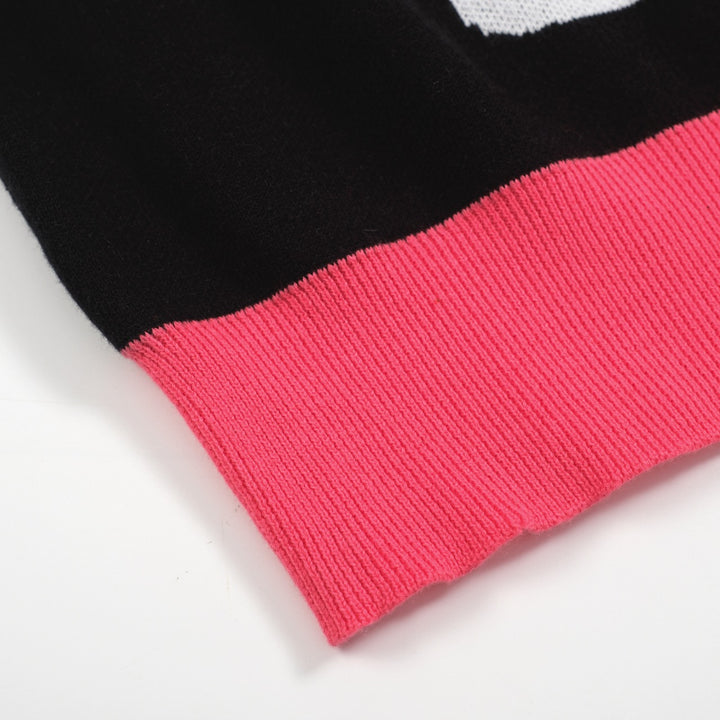 Women’s Black and Pink Sweater with White Cat Outline – MOD Pop Knit Pullover-Cropped Length
