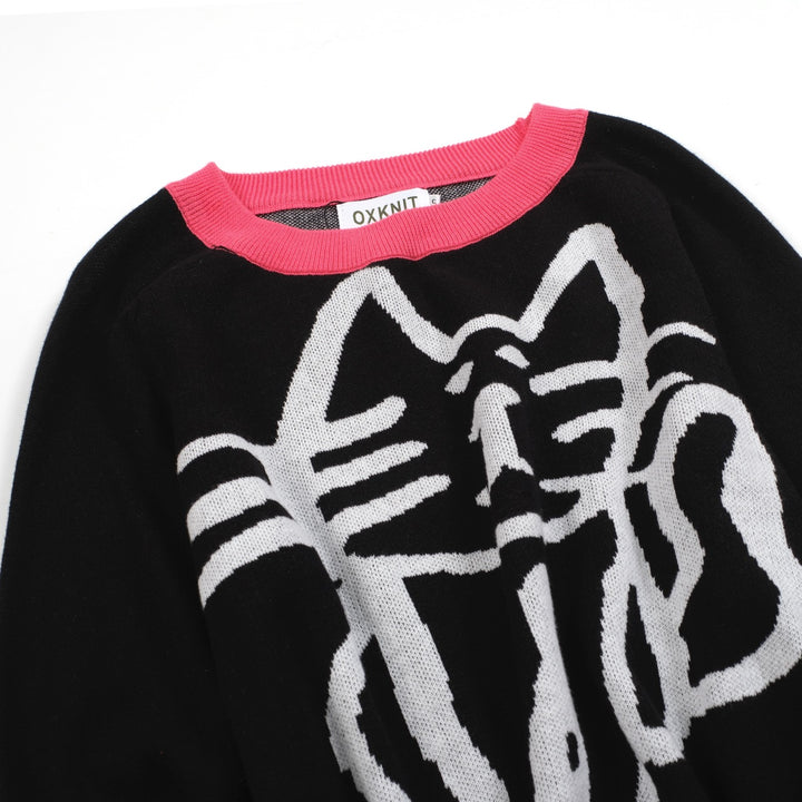 Women’s Black and Pink Sweater with White Cat Outline – MOD Pop Knit Pullover-Cropped Length