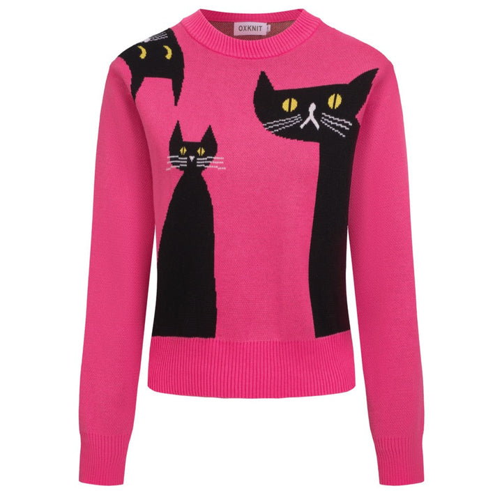 Women’s Pink Cat Sweater – Graphic Knit with Black Cats-Cropped Length