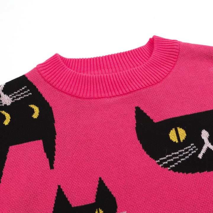 Women’s Pink Cat Sweater – Graphic Knit with Black Cats-Cropped Length