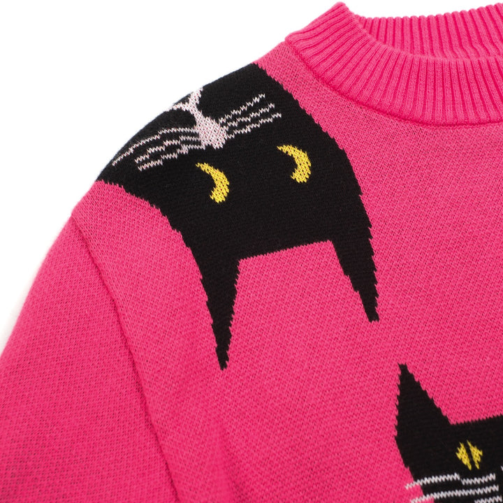 Women’s Pink Cat Sweater – Graphic Knit with Black Cats-Cropped Length