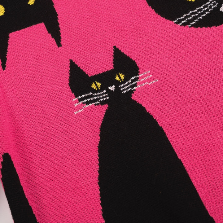 Women’s Pink Cat Sweater – Graphic Knit with Black Cats-Cropped Length