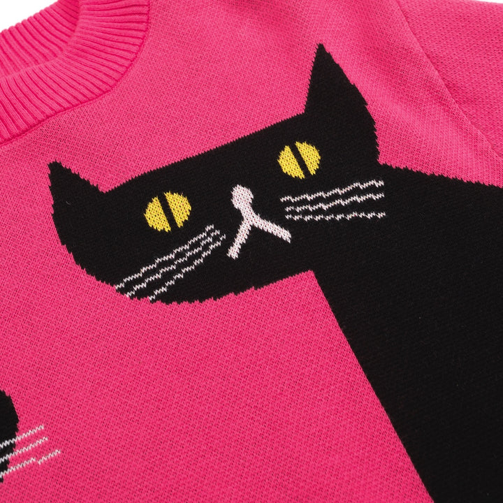 Women’s Pink Cat Sweater – Graphic Knit with Black Cats-Cropped Length