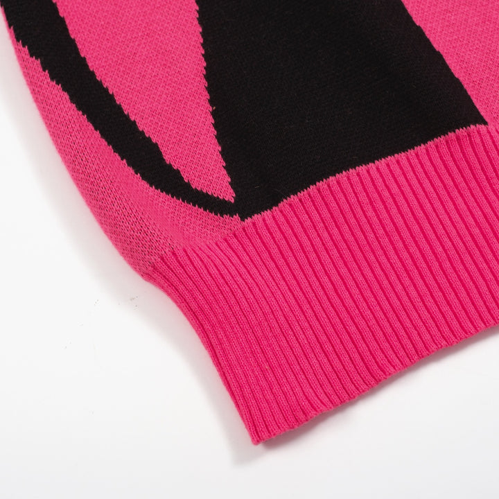 Women’s Pink Cat Sweater – Graphic Knit with Black Cats-Cropped Length