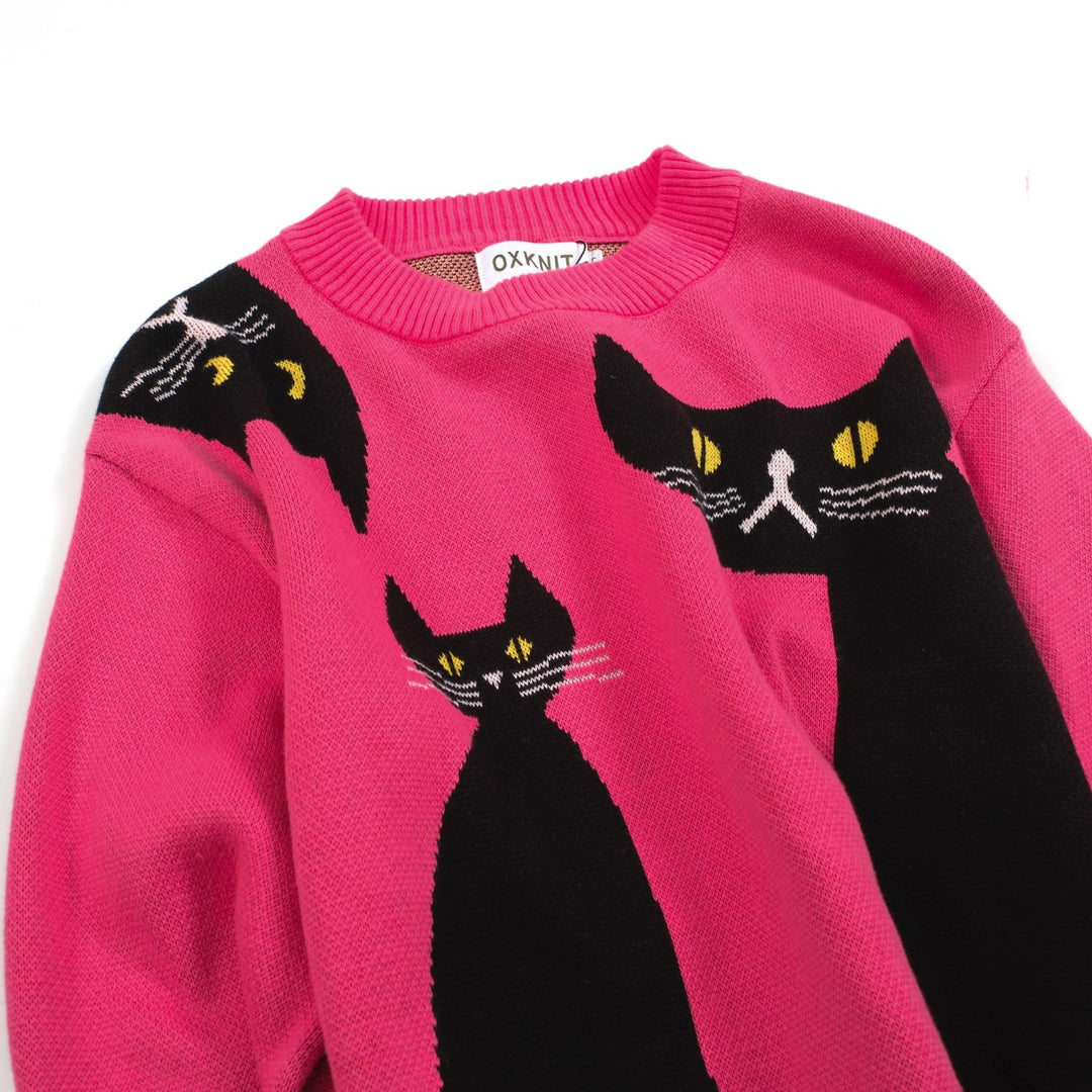 Women’s Pink Cat Sweater – Graphic Knit with Black Cats-Cropped Length