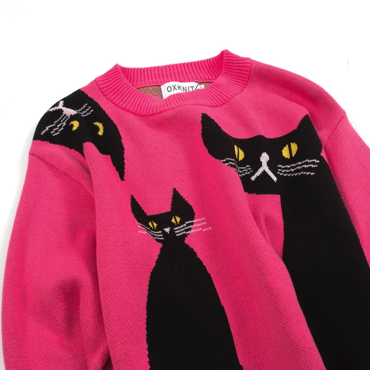 Women’s Pink Cat Sweater – Graphic Knit with Black Cats-Cropped Length