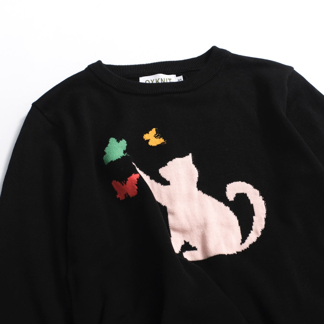 Women’s Black Sweater with Pink Cat & Butterflies – Vintage MOD Knit