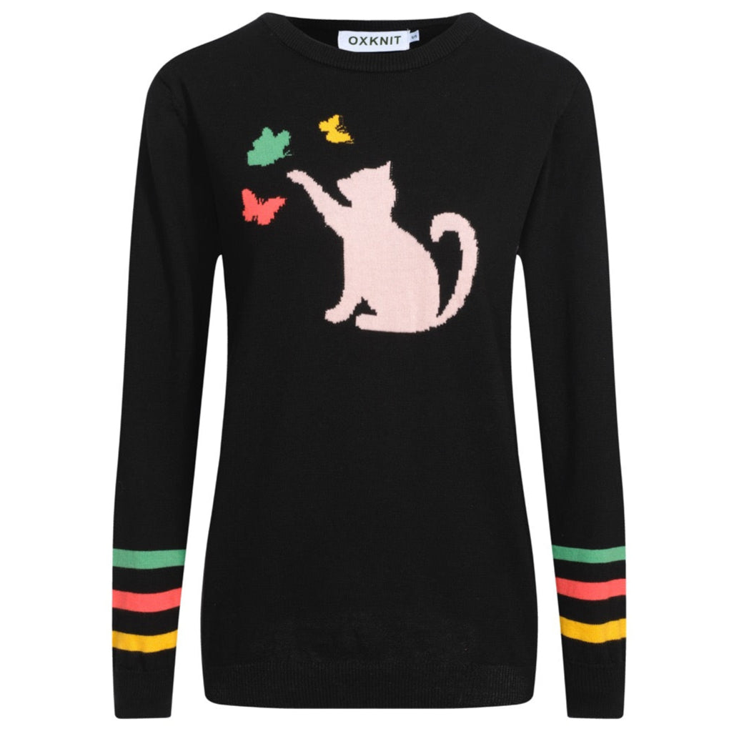 Women’s Black Sweater with Pink Cat & Butterflies – Vintage MOD Knit
