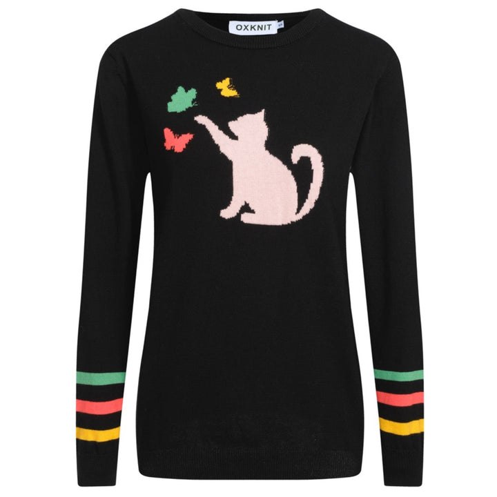 Women’s Black Sweater with Pink Cat & Butterflies – Vintage MOD Knit
