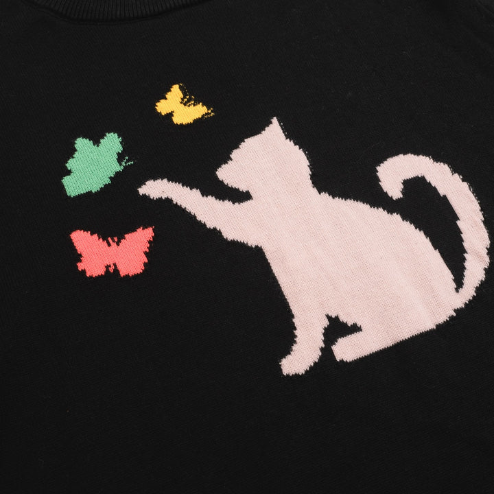 Women’s Black Sweater with Pink Cat & Butterflies – Vintage MOD Knit