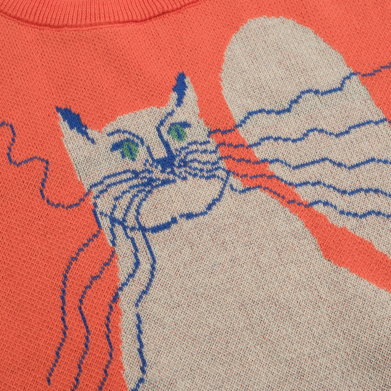 Women's orange kitten jacquard knit T-shirt-Cropped Length