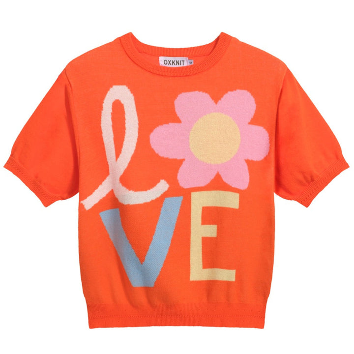 Women's Retro LOVE Floral Knit Tee – Orange-Cropped Length