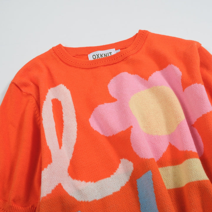 Women's Retro LOVE Floral Knit Tee – Orange-Cropped Length