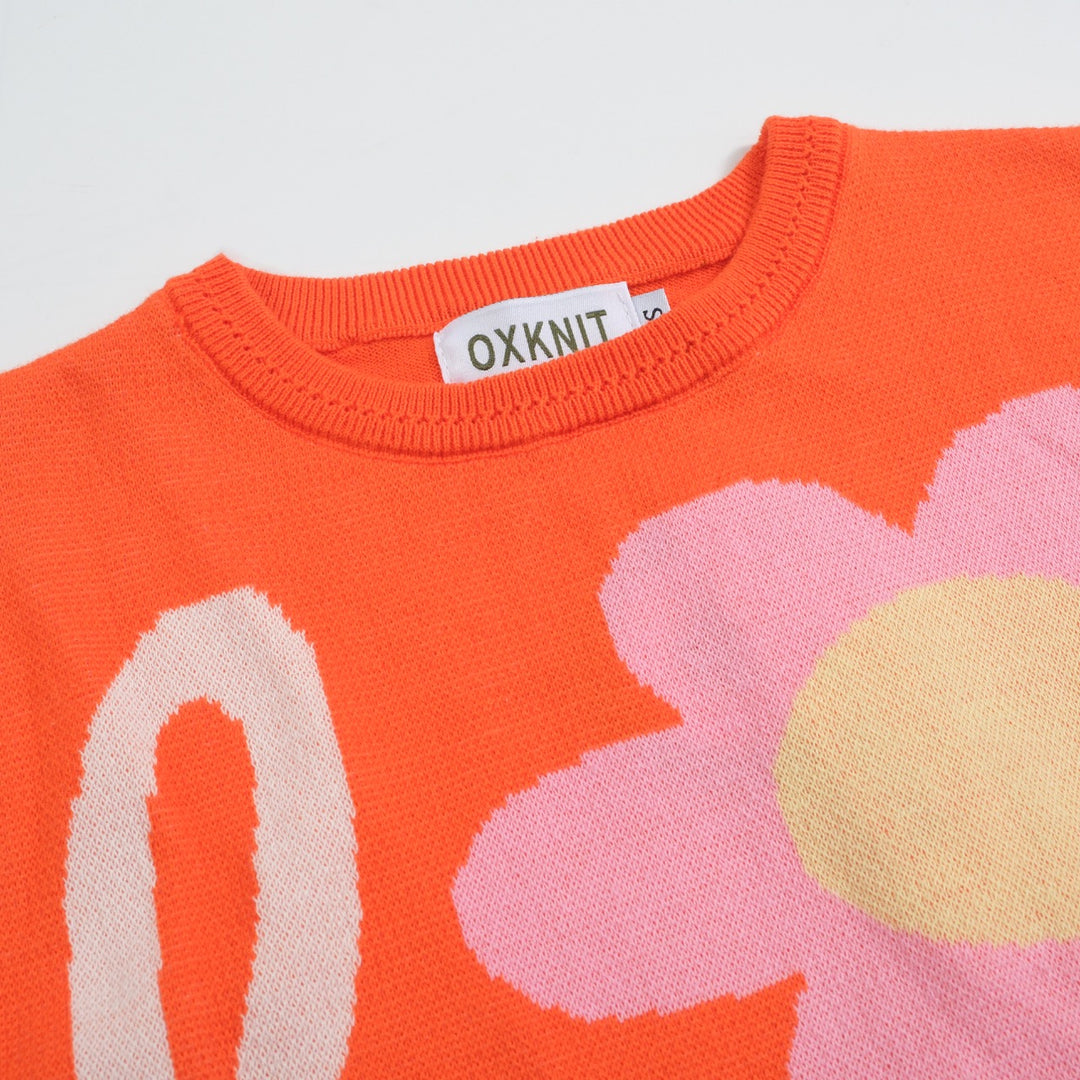 Women's Retro LOVE Floral Knit Tee – Orange-Cropped Length