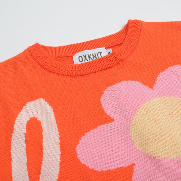 Women's Retro LOVE Floral Knit Tee – Orange-Cropped Length