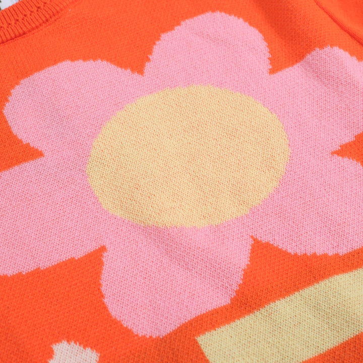 Women's Retro LOVE Floral Knit Tee – Orange-Cropped Length