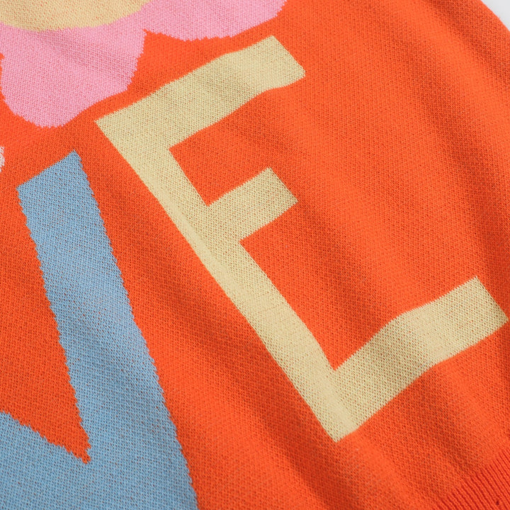 Women's Retro LOVE Floral Knit Tee – Orange-Cropped Length
