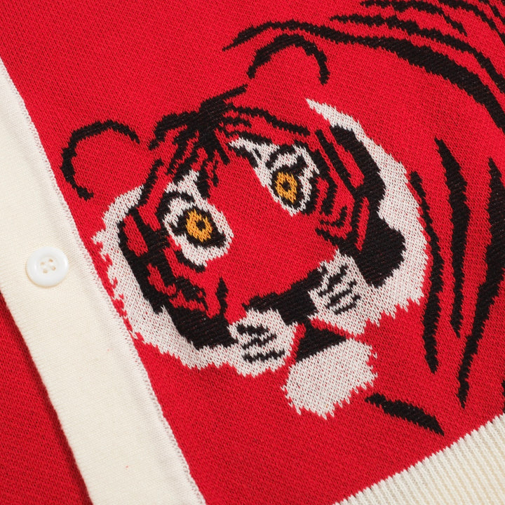 Men's Vintage Red Knit Shirt – Retro Tiger Graphic Button-Up Polo