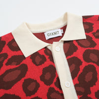Men's Retro Knit Shirt – Vintage Red Leopard Button-Up Polo