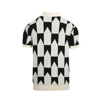 Men's Retro Knit Polo – Vintage Black & White Geometric Button-Up