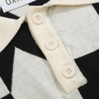 Men's Retro Knit Polo – Vintage Black & White Geometric Button-Up