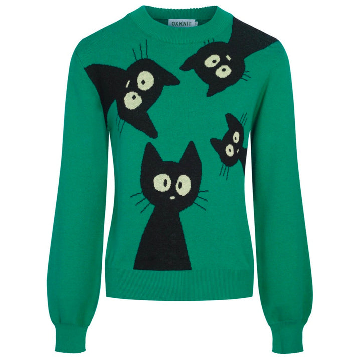 Women’s Green Sweater with Black Cat Faces – Quirky MOD Knit with Balloon Sleeves-Cropped Length