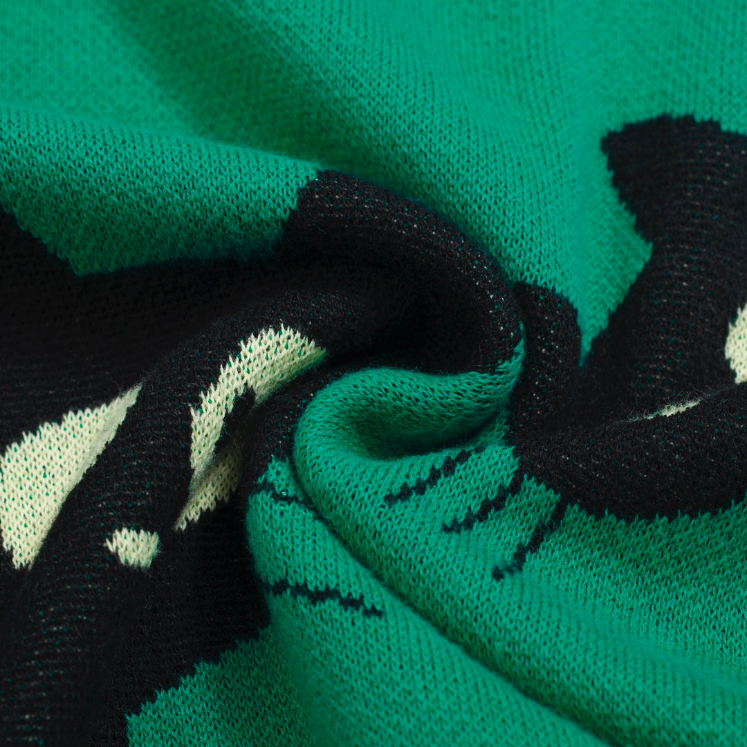 Women’s Green Sweater with Black Cat Faces – Quirky MOD Knit with Balloon Sleeves-Cropped Length