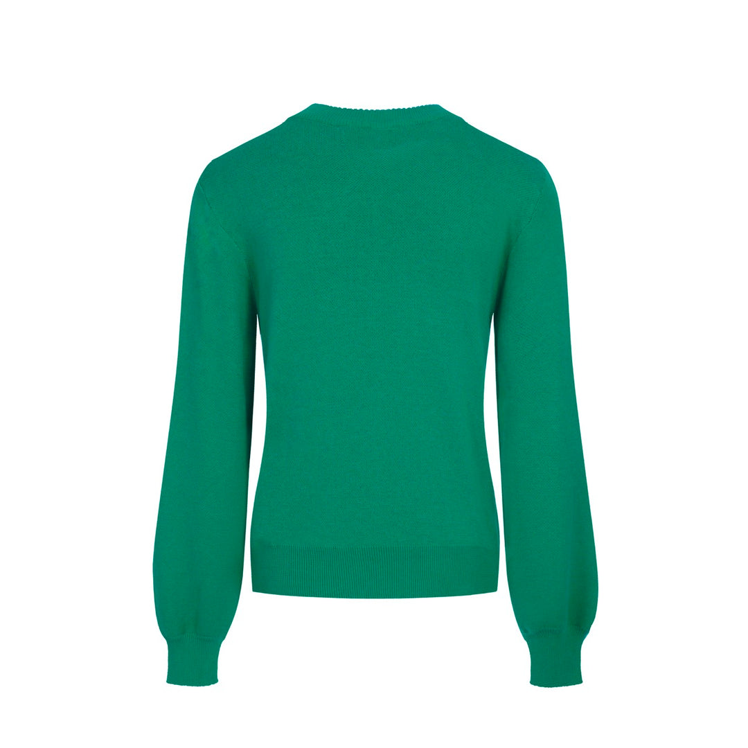 Women’s Green Sweater with Black Cat Faces – Quirky MOD Knit with Balloon Sleeves-Cropped Length