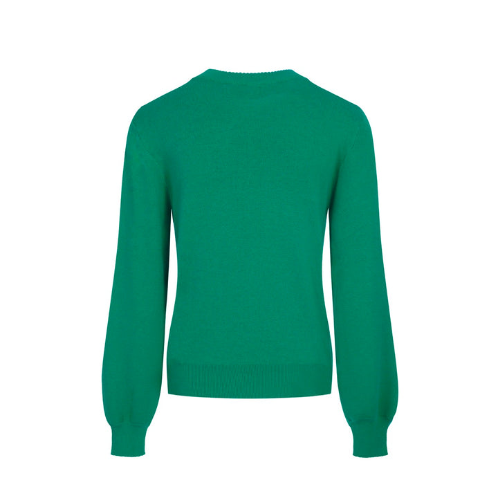 Women’s Green Sweater with Black Cat Faces – Quirky MOD Knit with Balloon Sleeves-Cropped Length