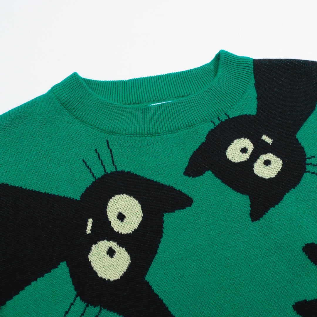 Women’s Green Sweater with Black Cat Faces – Quirky MOD Knit with Balloon Sleeves-Cropped Length