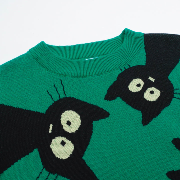 Women’s Green Sweater with Black Cat Faces – Quirky MOD Knit with Balloon Sleeves-Cropped Length