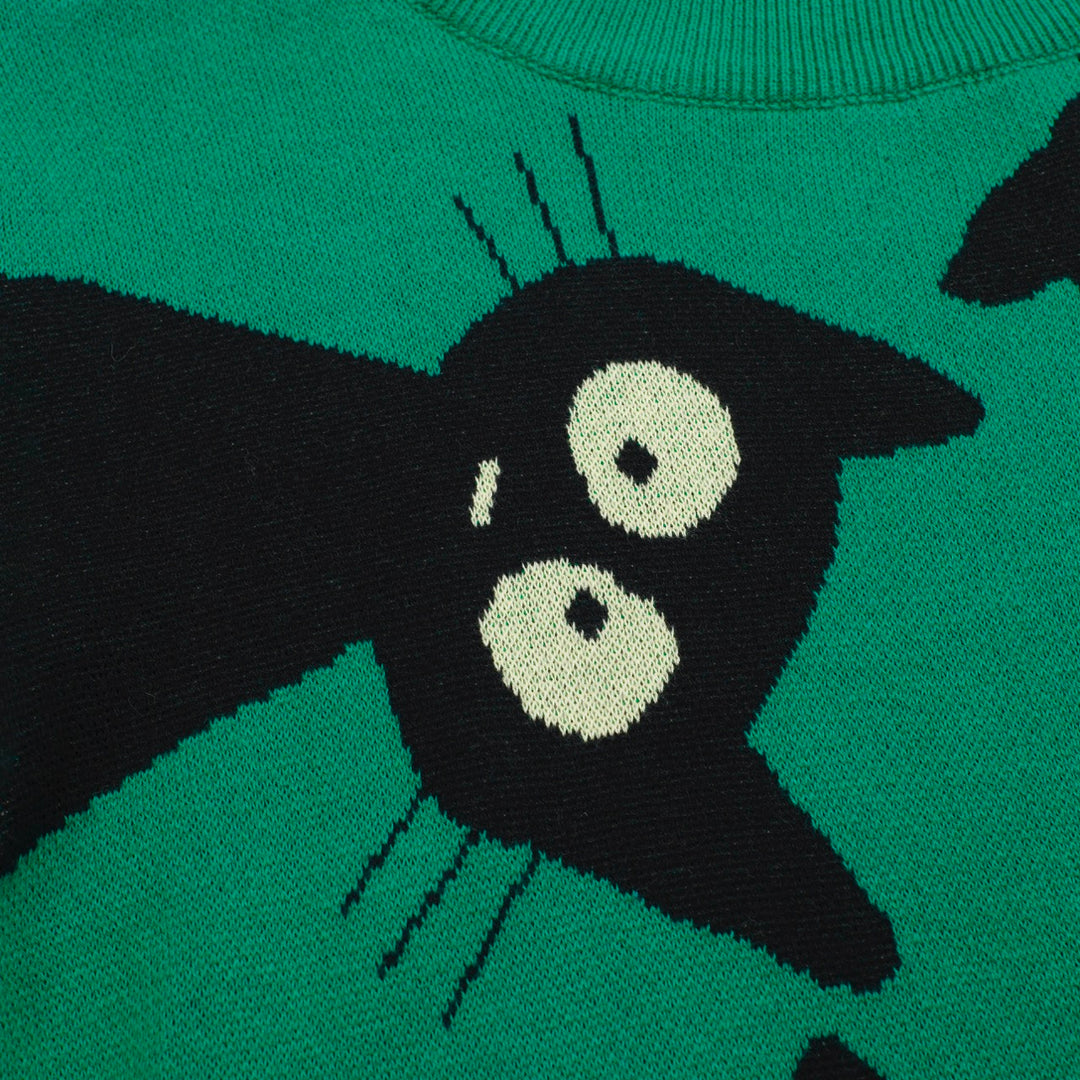 Women’s Green Sweater with Black Cat Faces – Quirky MOD Knit with Balloon Sleeves-Cropped Length