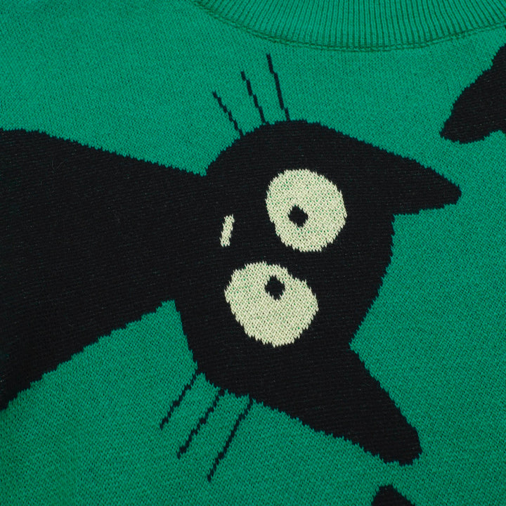 Women’s Green Sweater with Black Cat Faces – Quirky MOD Knit with Balloon Sleeves-Cropped Length