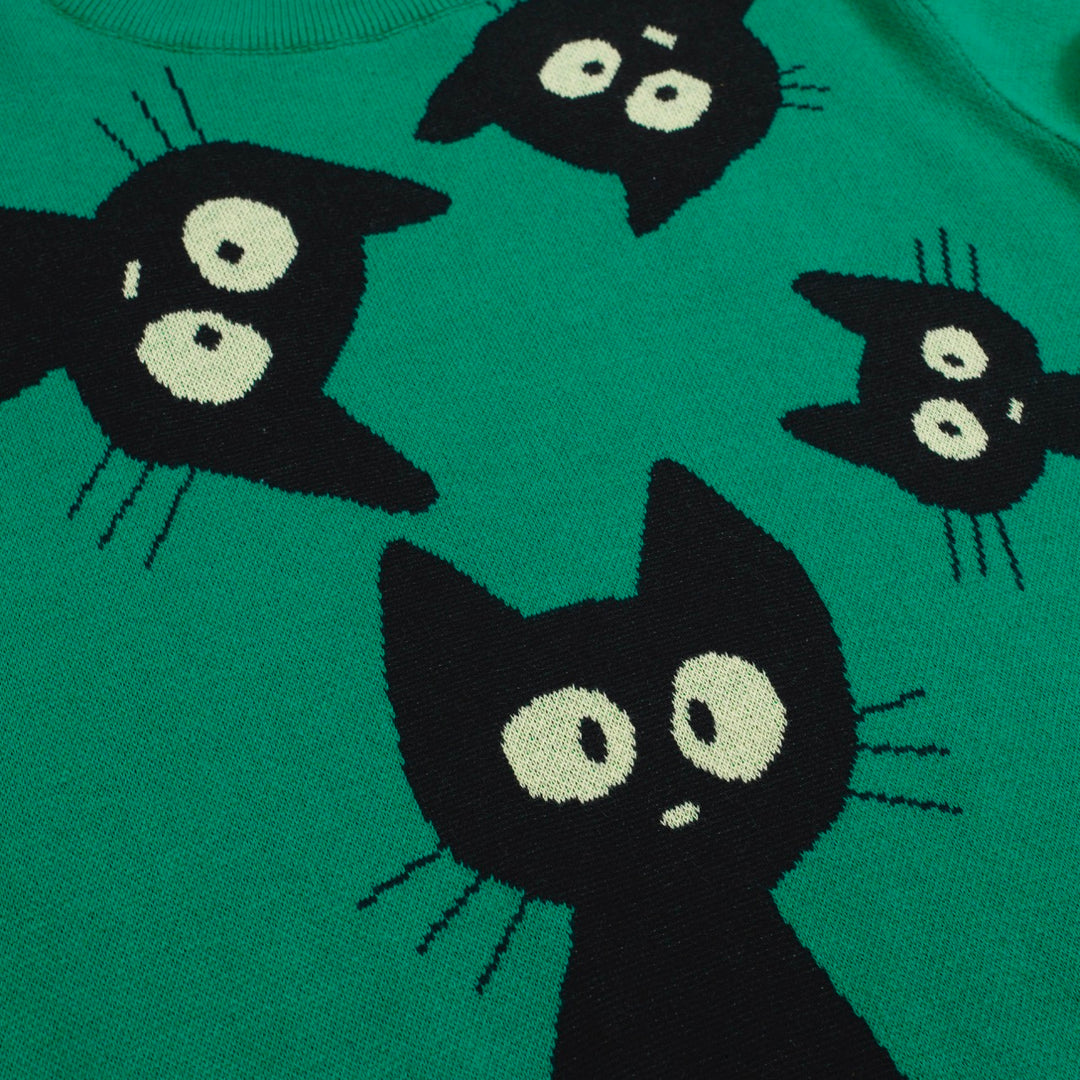 Women’s Green Sweater with Black Cat Faces – Quirky MOD Knit with Balloon Sleeves-Cropped Length