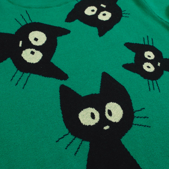 Women’s Green Sweater with Black Cat Faces – Quirky MOD Knit with Balloon Sleeves-Cropped Length