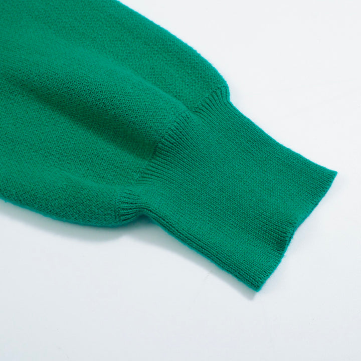 Women’s Green Sweater with Black Cat Faces – Quirky MOD Knit with Balloon Sleeves-Cropped Length