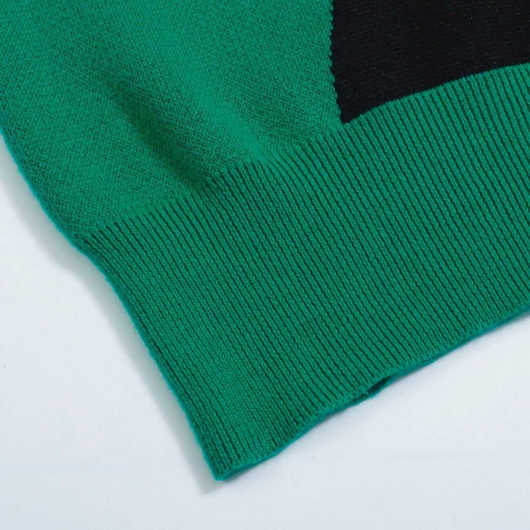 Women’s Green Sweater with Black Cat Faces – Quirky MOD Knit with Balloon Sleeves-Cropped Length
