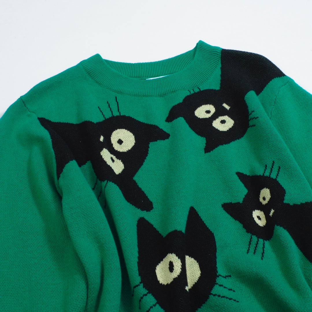 Women’s Green Sweater with Black Cat Faces – Quirky MOD Knit with Balloon Sleeves-Cropped Length