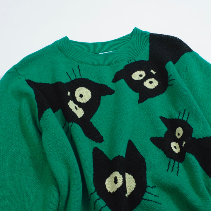 Women’s Green Sweater with Black Cat Faces – Quirky MOD Knit with Balloon Sleeves-Cropped Length