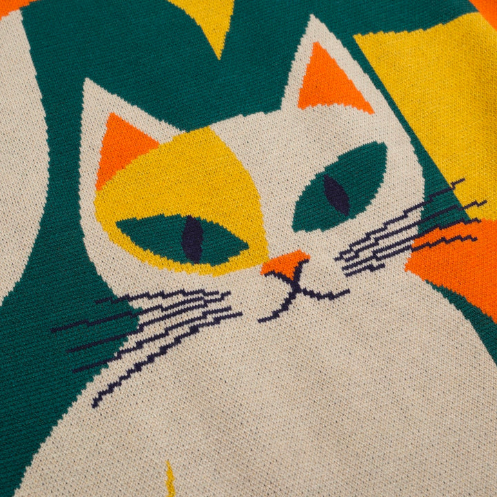 Women’s Retro Cat Art Knit Tee – Colorblock Mod Style