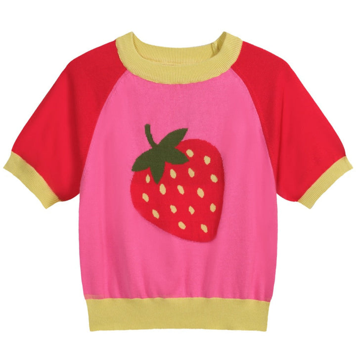 Women’s Pink Strawberry Knit Tee – Retro Colorblock Fruit Top-Cropped Length