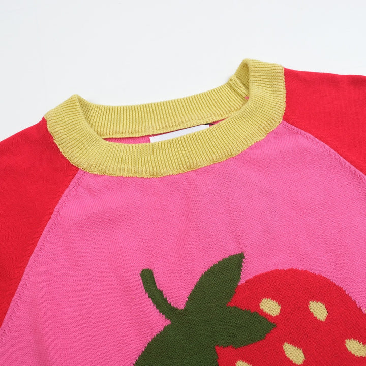 Women’s Pink Strawberry Knit Tee – Retro Colorblock Fruit Top-Cropped Length